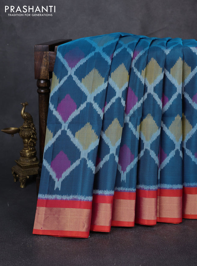 Ikat soft silk saree peacock blue and dual shade of pinkish orange with allover ikat weaves and zari woven border
