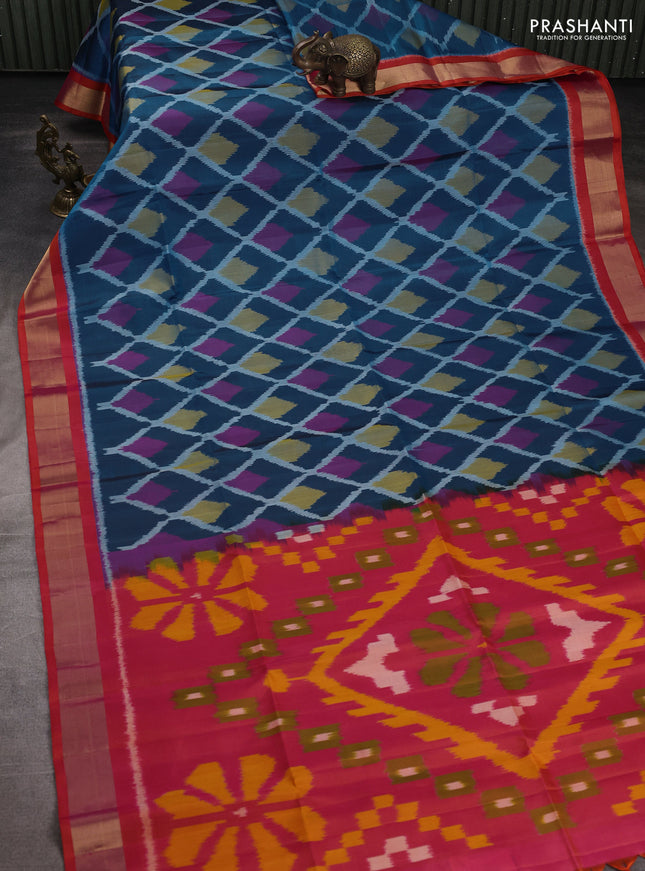 Ikat soft silk saree peacock blue and dual shade of pinkish orange with allover ikat weaves and zari woven border
