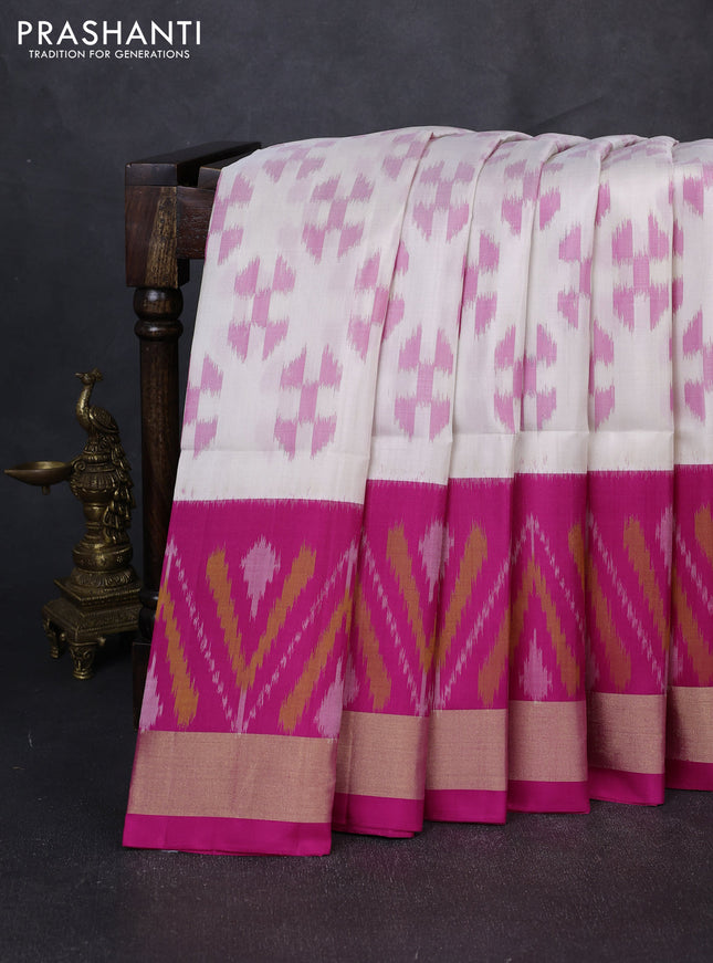 Ikat soft silk saree off white and pink with allover ikat weaves and long ikat zari woven border