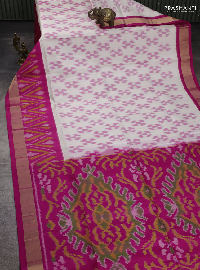 Ikat soft silk saree off white and pink with allover ikat weaves and long ikat zari woven border
