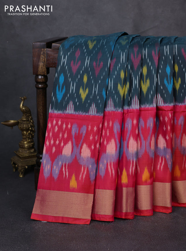 Ikat soft silk saree peacock blue shade and pink with allover ikat weaves and long ikat zari woven border
