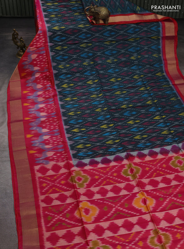 Ikat soft silk saree peacock blue shade and pink with allover ikat weaves and long ikat zari woven border