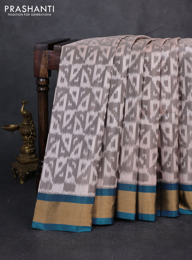 Ikat soft silk saree beige grey and peacock blue with allover ikat weaves and zari woven border