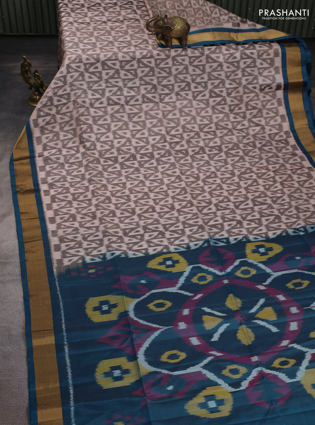 Ikat soft silk saree beige grey and peacock blue with allover ikat weaves and zari woven border