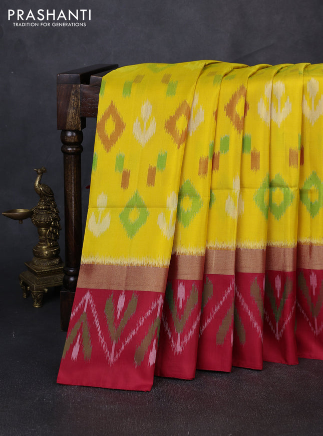 Ikat soft silk saree yellow and red with allover ikat weaves and long ikat zari woven border