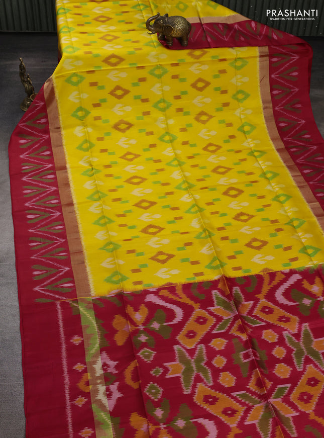 Ikat soft silk saree yellow and red with allover ikat weaves and long ikat zari woven border