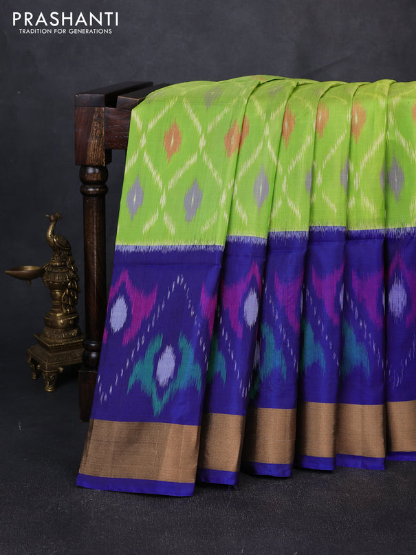 Ikat soft silk saree light green and blue with allover ikat weaves and long ikat zari woven border