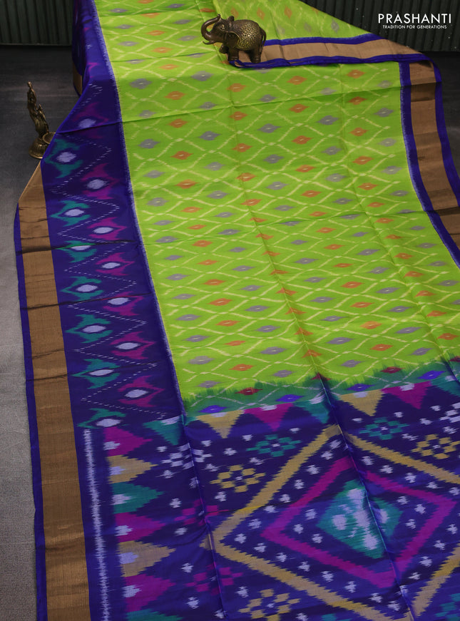 Ikat soft silk saree light green and blue with allover ikat weaves and long ikat zari woven border