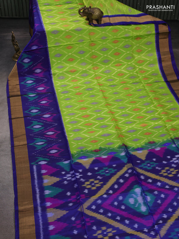 Ikat soft silk saree light green and blue with allover ikat weaves and long ikat zari woven border