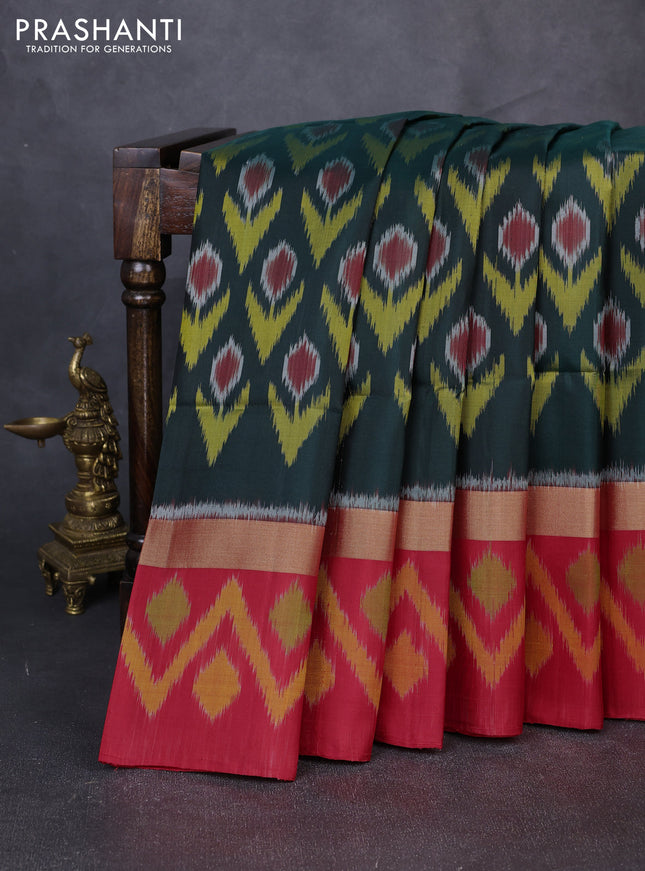 Ikat soft silk saree bottle green and red with allover ikat weaves and zari woven ikat border