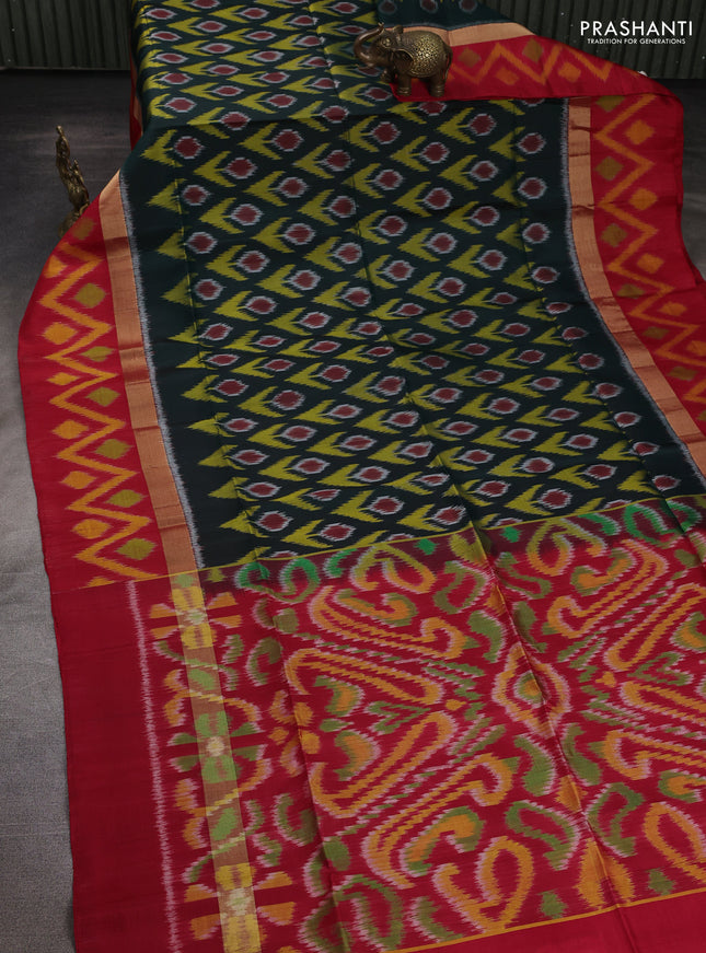 Ikat soft silk saree bottle green and red with allover ikat weaves and zari woven ikat border