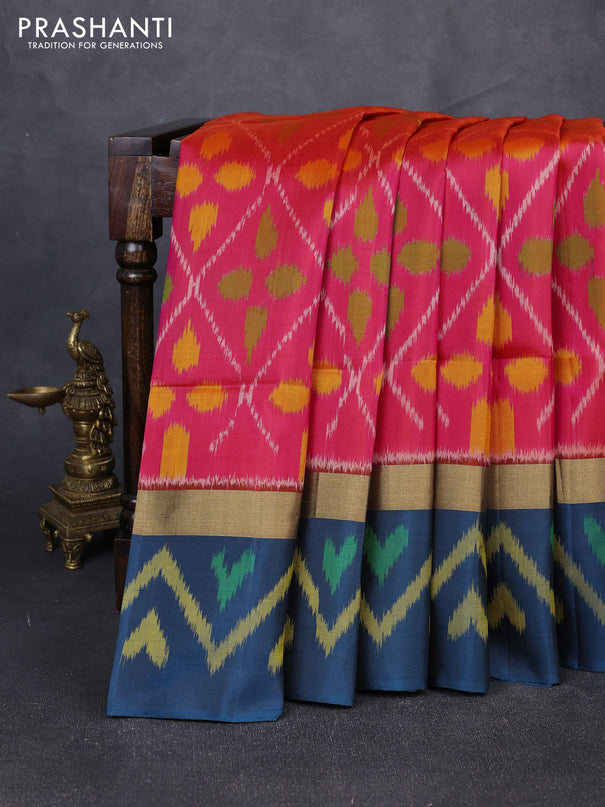 Ikat soft silk saree dual shade of pinkish orange and peacock green with allover ikat weaves and zari woven ikat border
