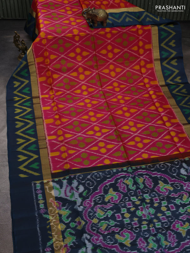 Ikat soft silk saree dual shade of pinkish orange and peacock green with allover ikat weaves and zari woven ikat border