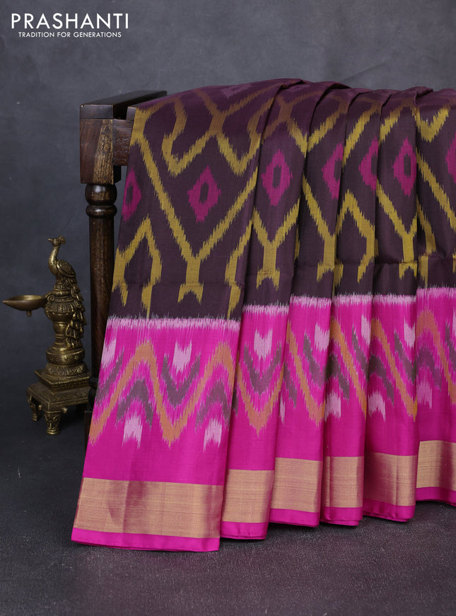 Ikat soft silk saree coffee brown and pink with allover ikat weaves and long ikat zari woven border