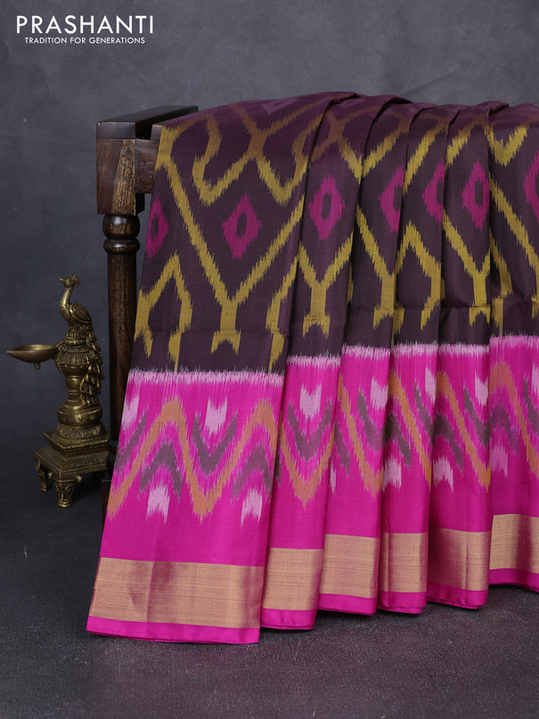 Ikat soft silk saree coffee brown and pink with allover ikat weaves and long ikat zari woven border