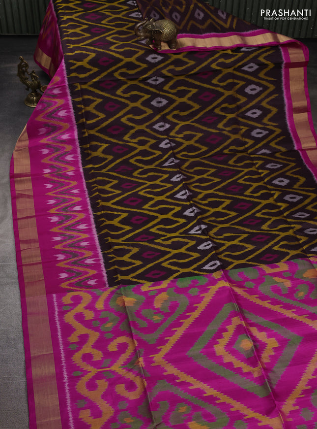 Ikat soft silk saree coffee brown and pink with allover ikat weaves and long ikat zari woven border