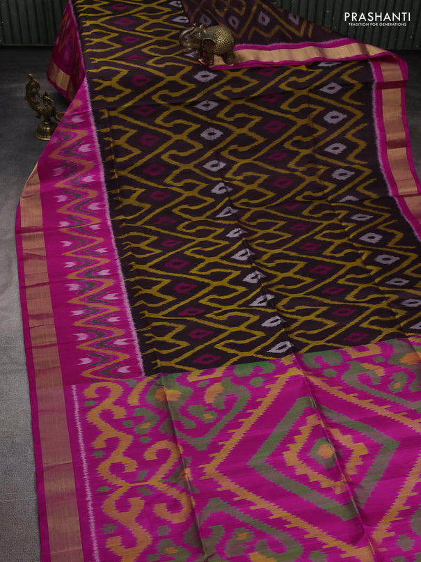 Ikat soft silk saree coffee brown and pink with allover ikat weaves and long ikat zari woven border