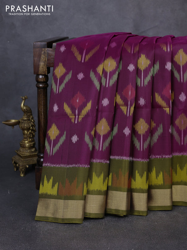 Ikat soft silk saree deep purple and dark mehendi green with allover ikat weaves and ikat zari woven border