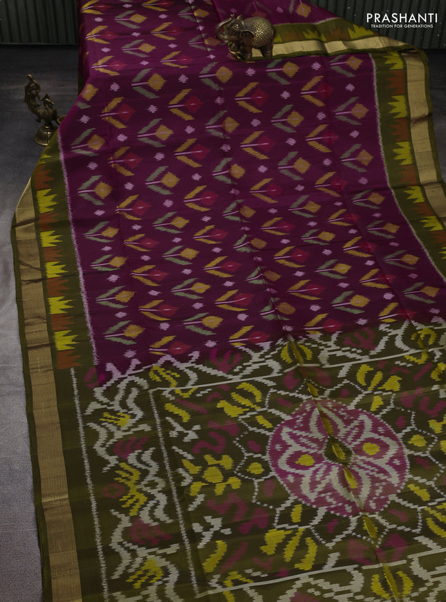 Ikat soft silk saree deep purple and dark mehendi green with allover ikat weaves and ikat zari woven border