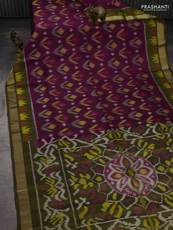 Ikat soft silk saree deep purple and dark mehendi green with allover ikat weaves and ikat zari woven border
