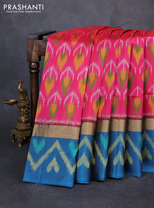 Ikat soft silk saree pink and peacock blue with allover ikat weaves and zari woven ikat border