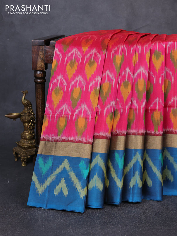 Ikat soft silk saree pink and peacock blue with allover ikat weaves and zari woven ikat border
