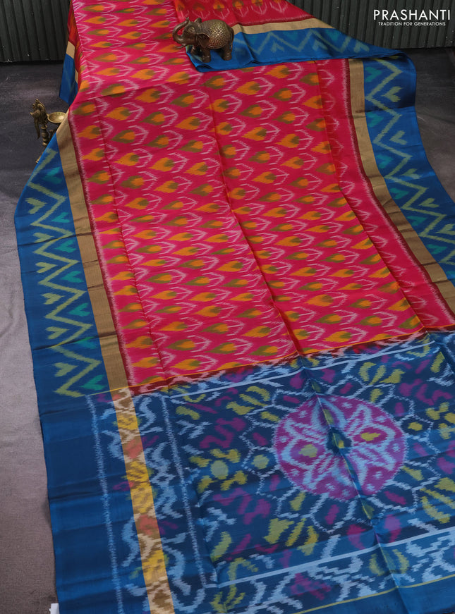 Ikat soft silk saree pink and peacock blue with allover ikat weaves and zari woven ikat border