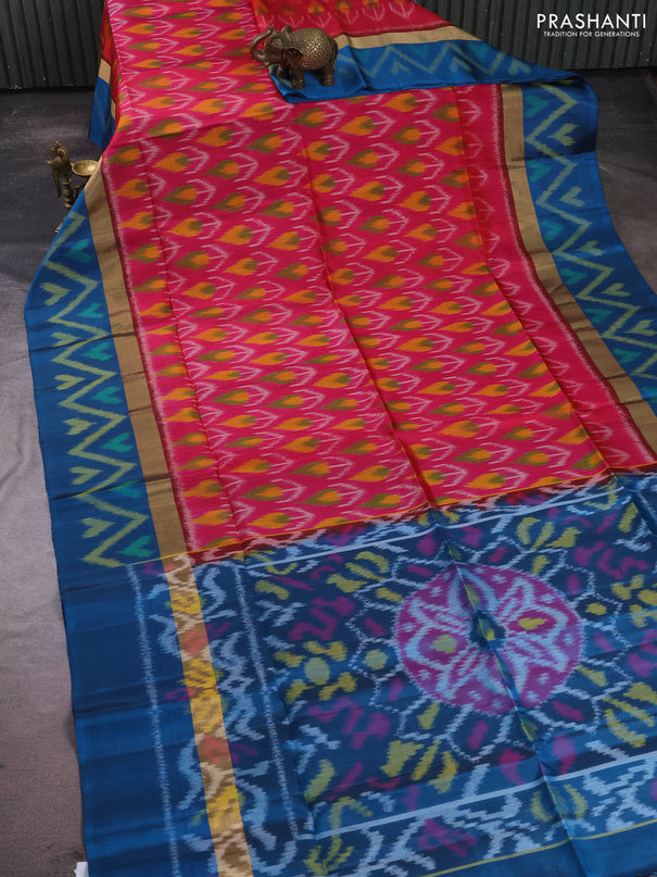 Ikat soft silk saree pink and peacock blue with allover ikat weaves and zari woven ikat border
