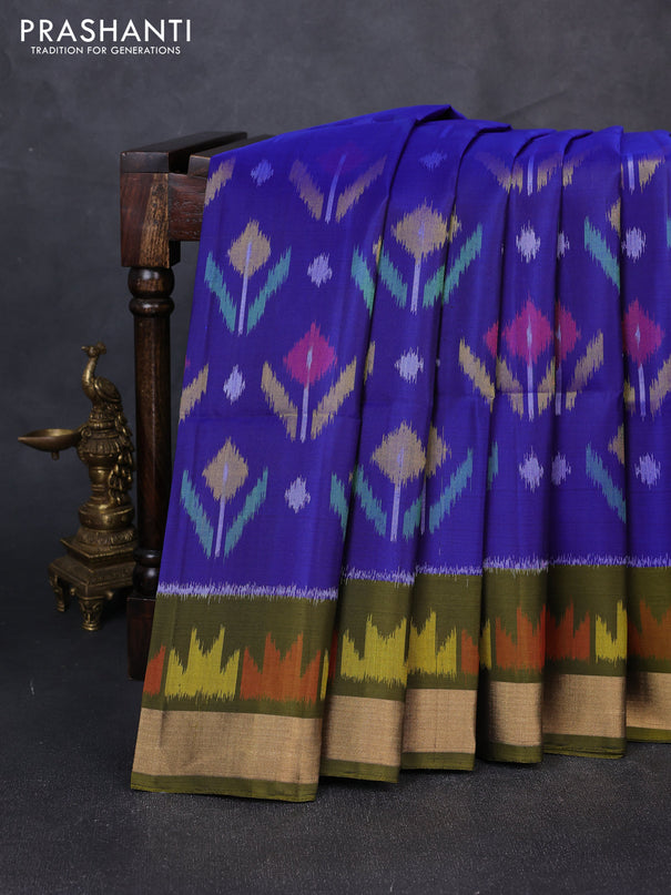 Ikat soft silk saree royal blue and mehendi green with allover ikat weaves and zari woven ikat border
