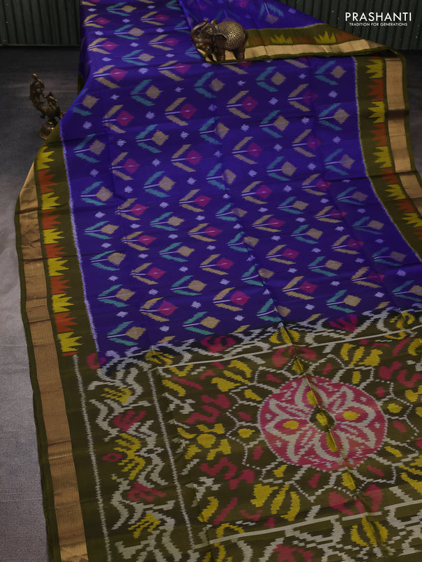 Ikat soft silk saree royal blue and mehendi green with allover ikat weaves and zari woven ikat border