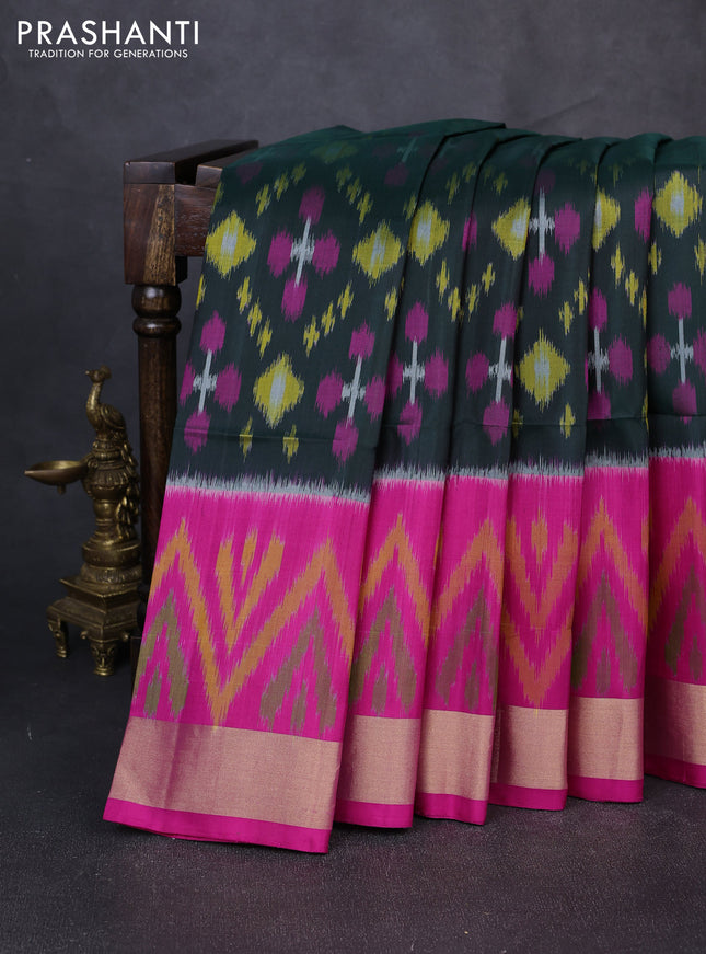 Ikat soft silk saree deep bottle green and pink with allover ikat weaves and long ikat zari woven border