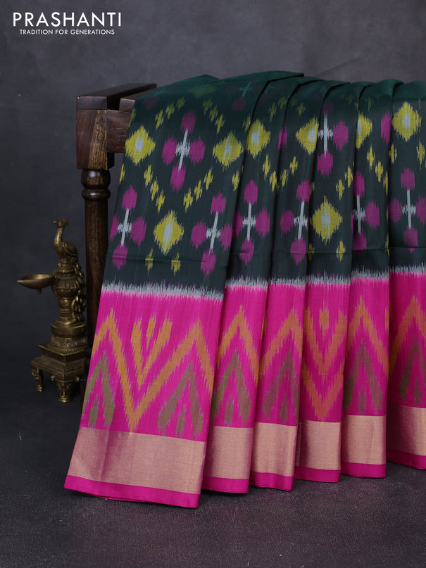Ikat soft silk saree deep bottle green and pink with allover ikat weaves and long ikat zari woven border