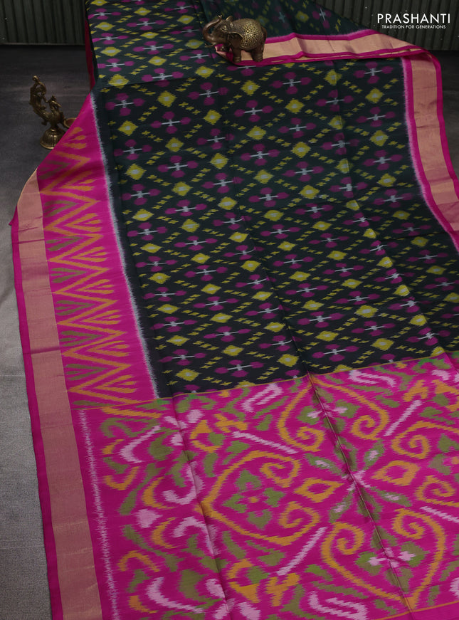 Ikat soft silk saree deep bottle green and pink with allover ikat weaves and long ikat zari woven border