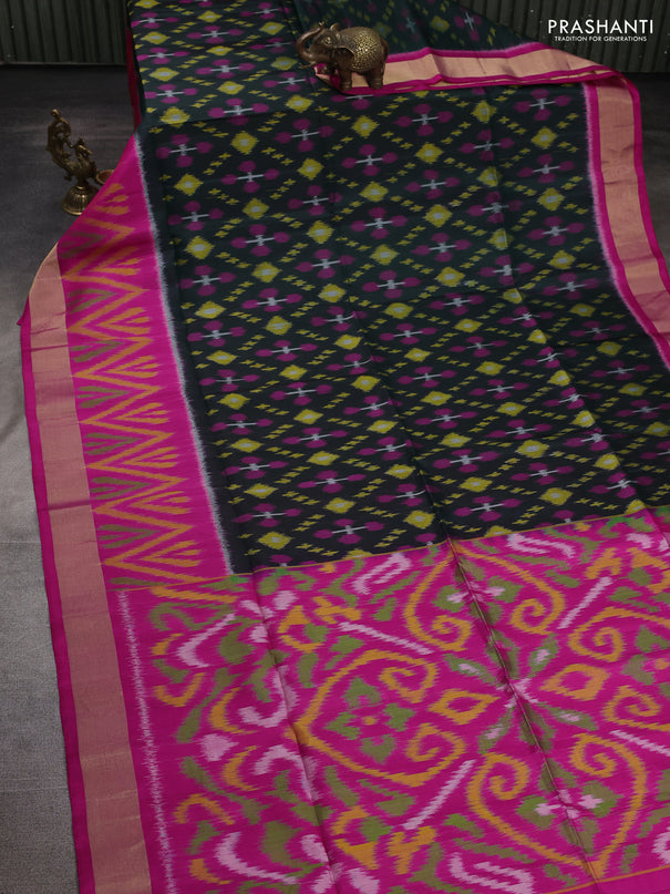 Ikat soft silk saree deep bottle green and pink with allover ikat weaves and long ikat zari woven border