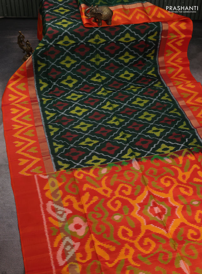 Ikat soft silk saree bottle green and orange with allover ikat weaves and zari woven ikat border