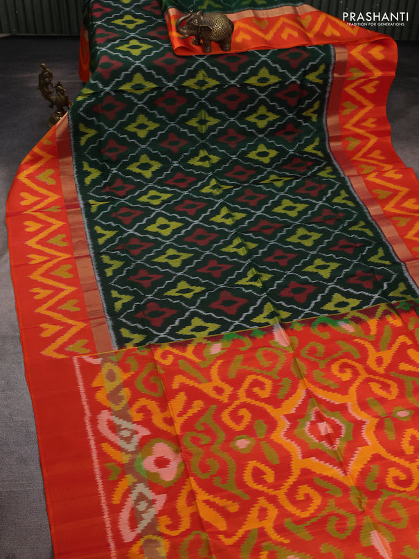 Ikat soft silk saree bottle green and orange with allover ikat weaves and zari woven ikat border