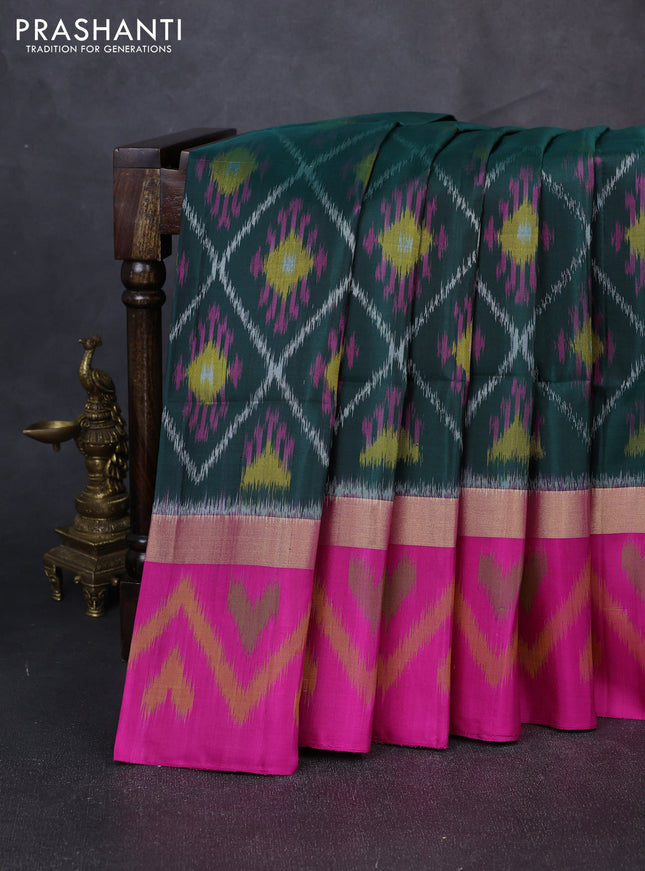 Ikat soft silk saree bottle green and pink with allover ikat weaves and zari woven ikat border