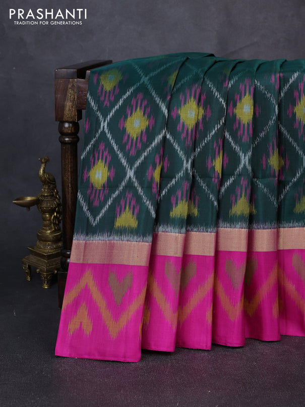 Ikat soft silk saree bottle green and pink with allover ikat weaves and zari woven ikat border