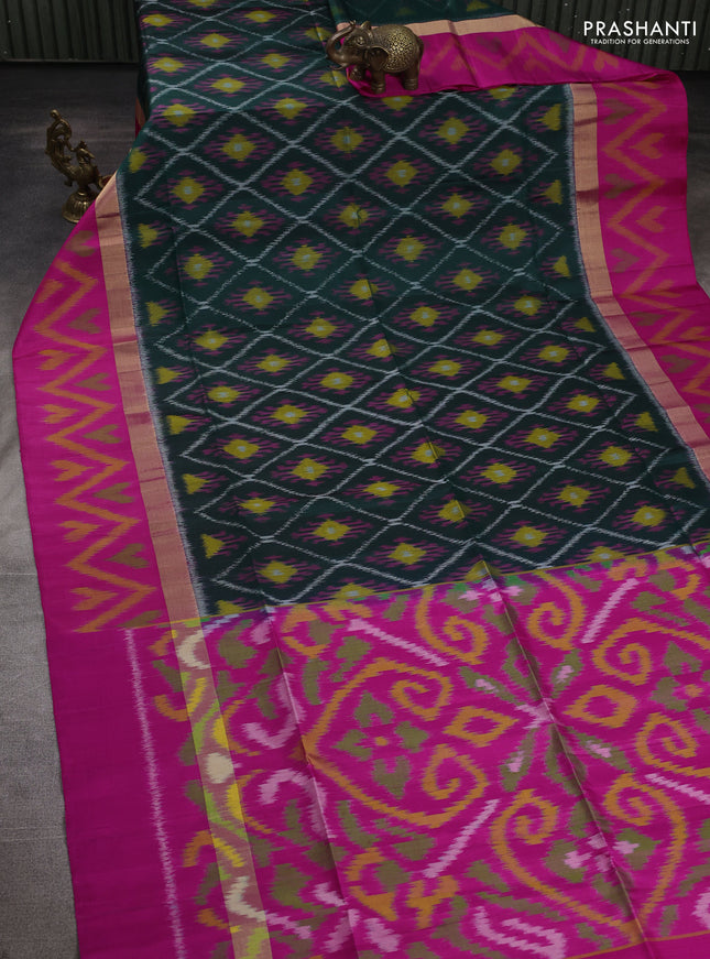 Ikat soft silk saree bottle green and pink with allover ikat weaves and zari woven ikat border