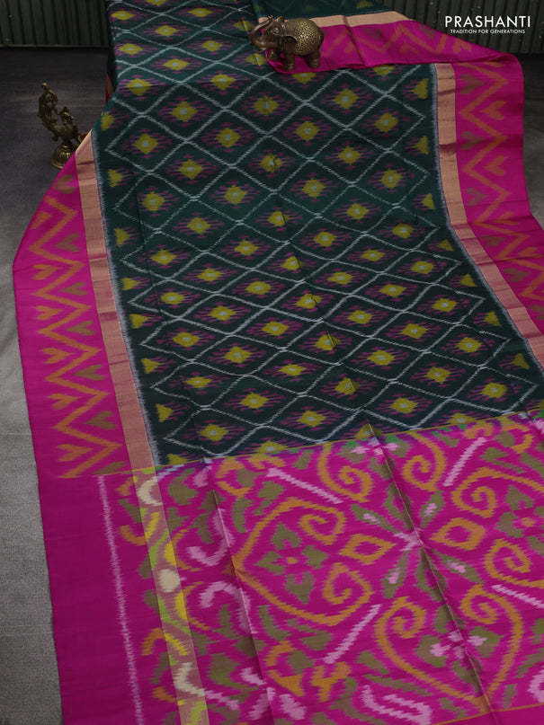 Ikat soft silk saree bottle green and pink with allover ikat weaves and zari woven ikat border