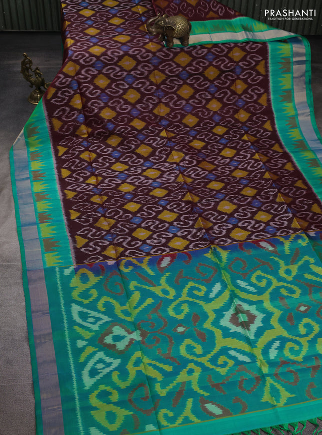 Ikat soft silk saree coffee brown and teal green with allover ikat weaves and ikat zari woven border