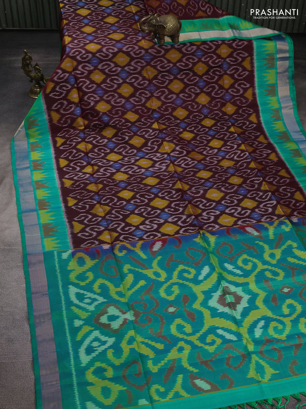 Ikat soft silk saree coffee brown and teal green with allover ikat weaves and ikat zari woven border