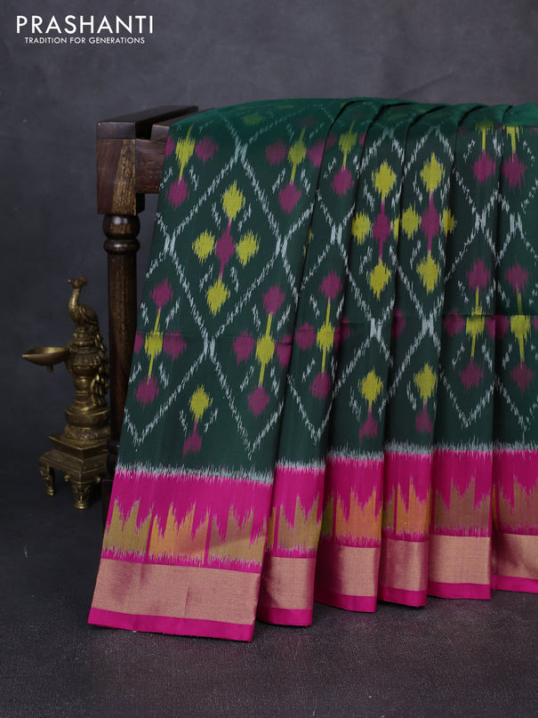 Ikat soft silk saree bottle green and pink with allover ikat weaves and ikat zari woven border