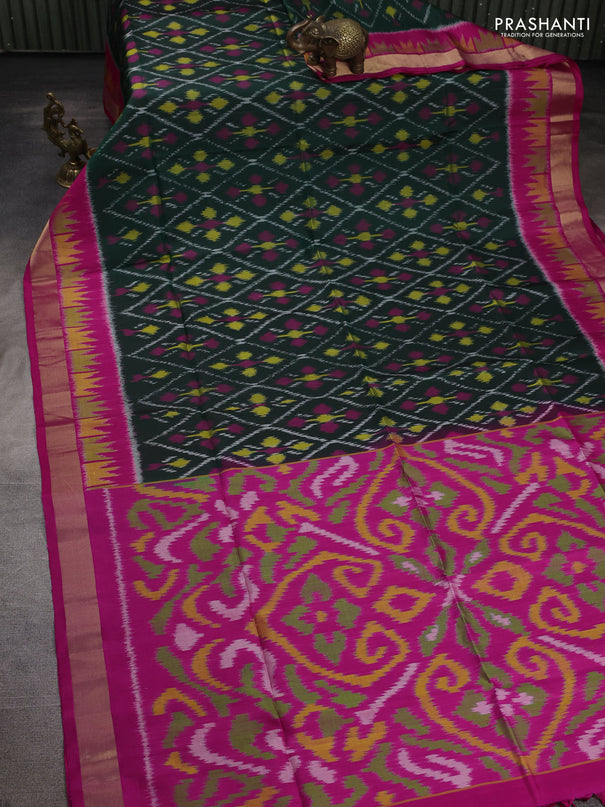 Ikat soft silk saree bottle green and pink with allover ikat weaves and ikat zari woven border