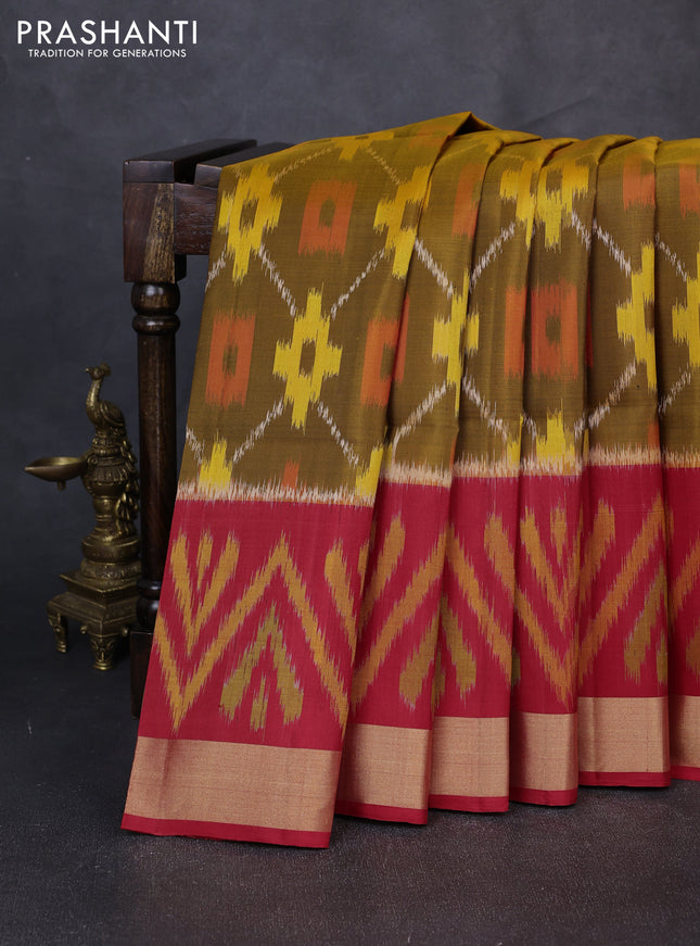Ikat soft silk saree dark mustard and red with allover ikat weaves and long ikat zari woven border