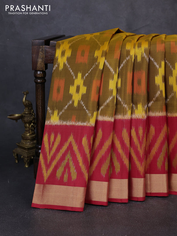Ikat soft silk saree dark mustard and red with allover ikat weaves and long ikat zari woven border