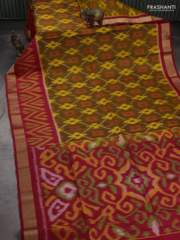 Ikat soft silk saree dark mustard and red with allover ikat weaves and long ikat zari woven border