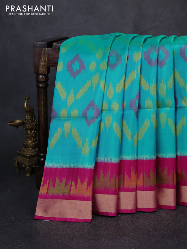 Ikat soft silk saree teal blue and pink with allover ikat weaves and ikat zari woven border