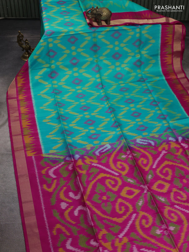 Ikat soft silk saree teal blue and pink with allover ikat weaves and ikat zari woven border