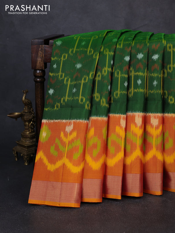 Ikat soft silk saree green and dark mustard with allover ikat weaves and long ikat zari woven border